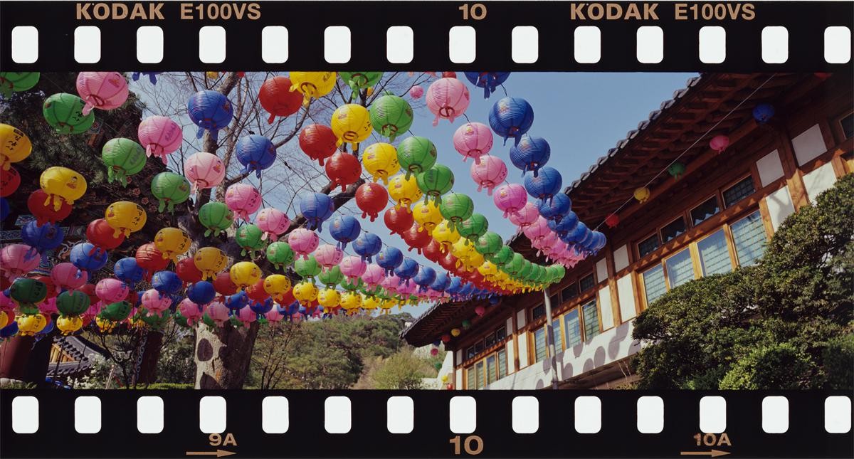 Colorful lanterns hang in rows above a traditional building and trees at Gilsang Temple.