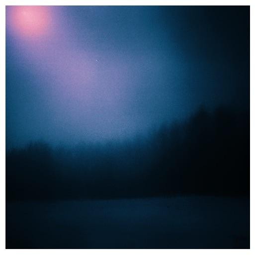 A dark forest is visible under a hazy, purple-blue sky with a bright pink light source in the upper left.