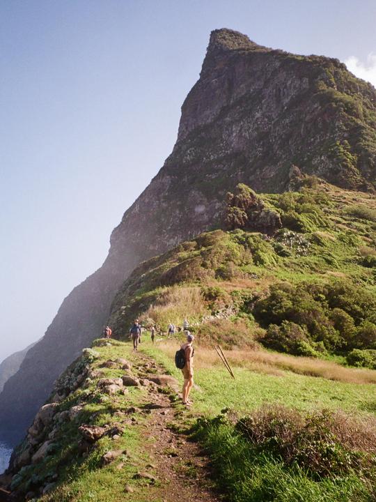 A group of hikers walks along a narrow path on a steep, green mountainside overlooking the ocean.