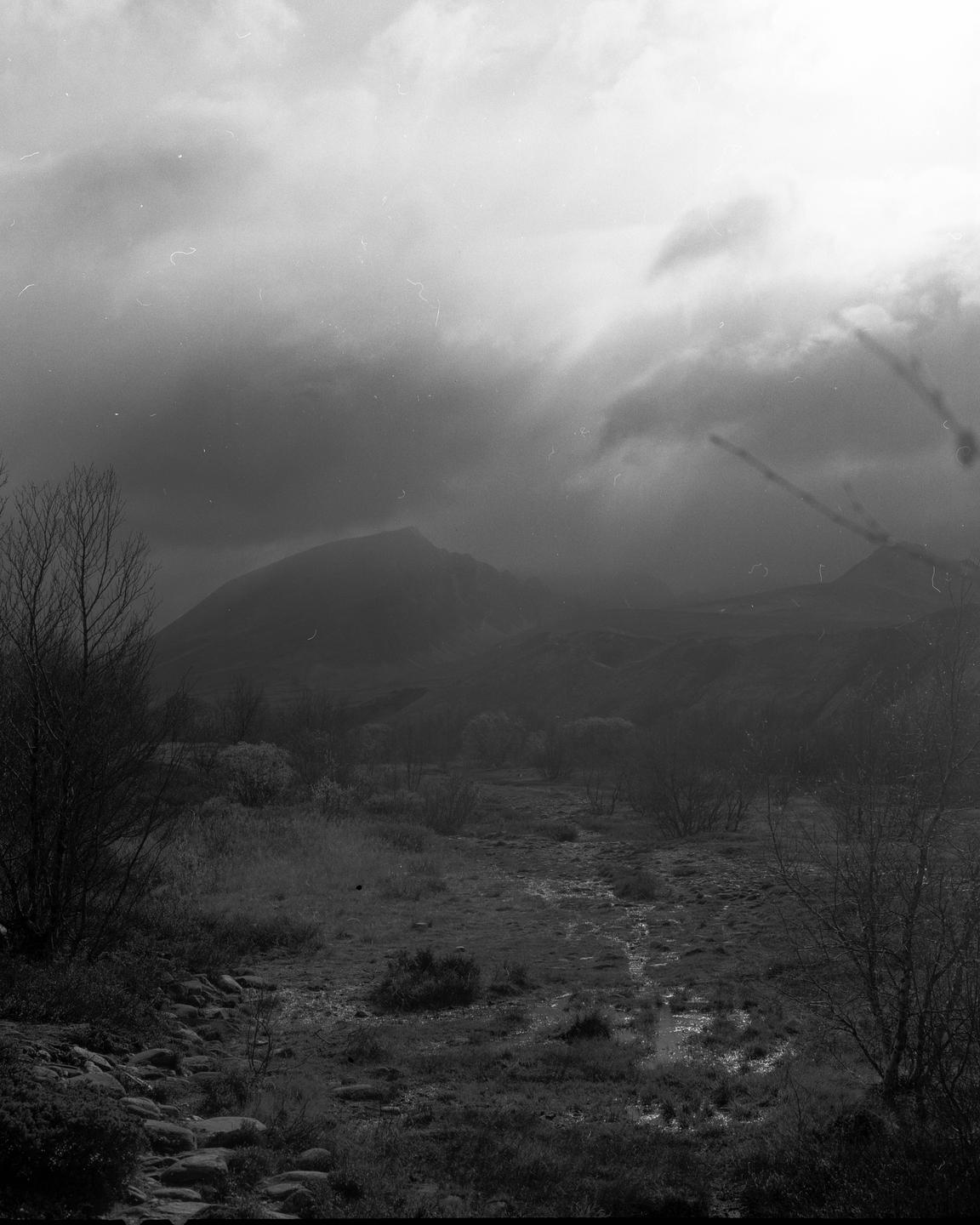 A dark mountain rises under a cloudy sky, with a stream and bare trees in the foreground.