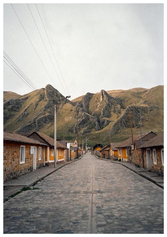 A cobblestone street leads through a village with yellow houses towards mountains under a bright sky.