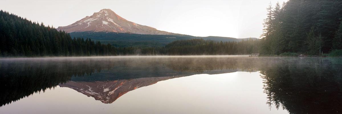A snow-capped mountain is reflected in a misty lake surrounded by a forest.