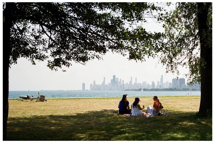 Three women sit on a grassy bank under a tree, looking out at a city skyline across a body of water.