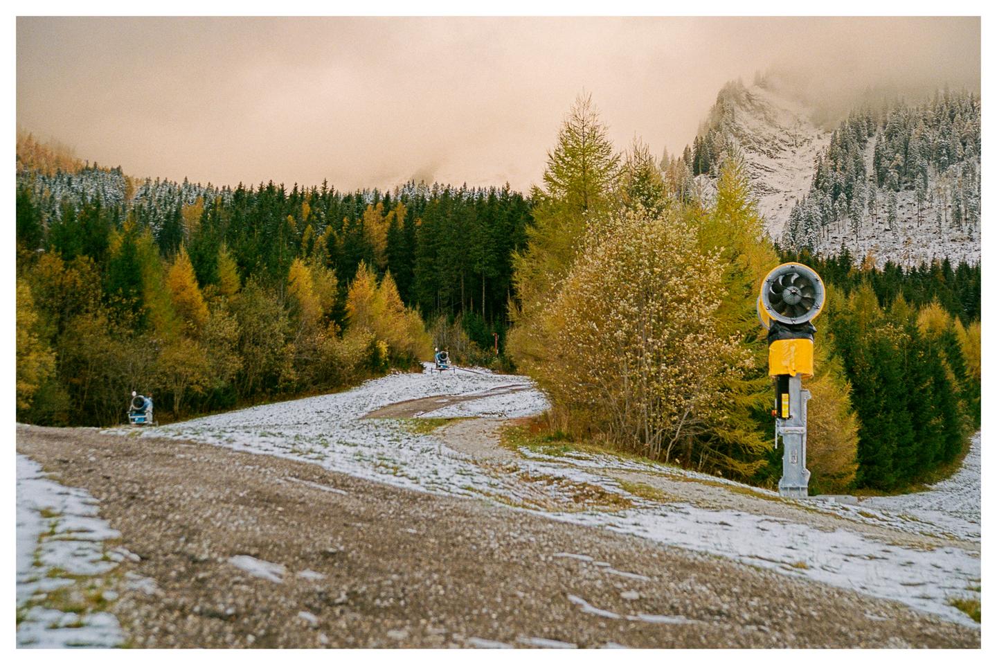 A snow cannon stands on a snow-dusted path leading through a forest with a mountain in the background.