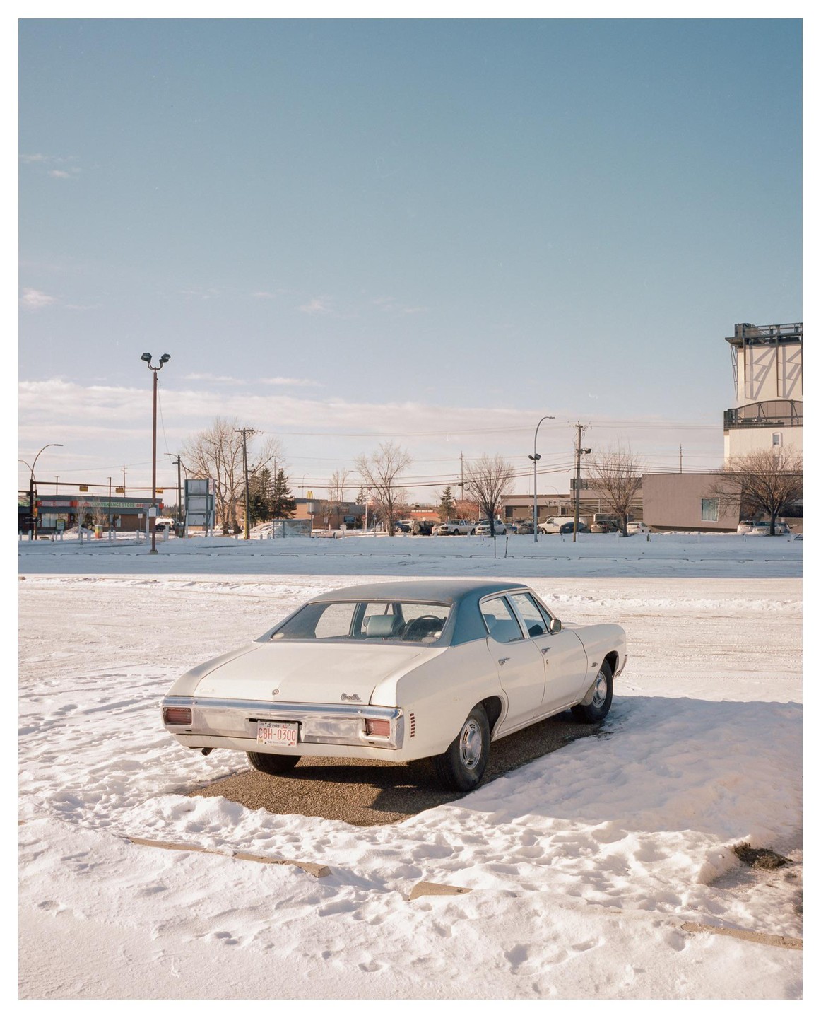 A white car with a blue roof is parked in a snowy parking lot under a clear sky.