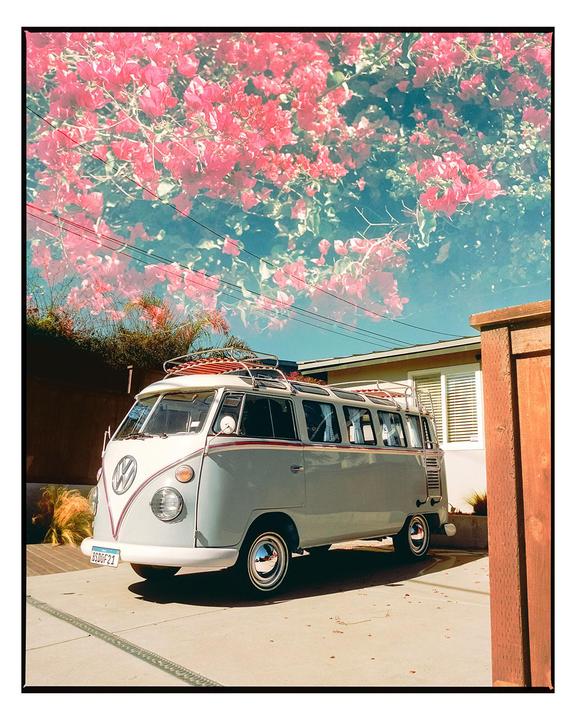 A light blue and white van is parked in a driveway with pink flowers superimposed over the sky.