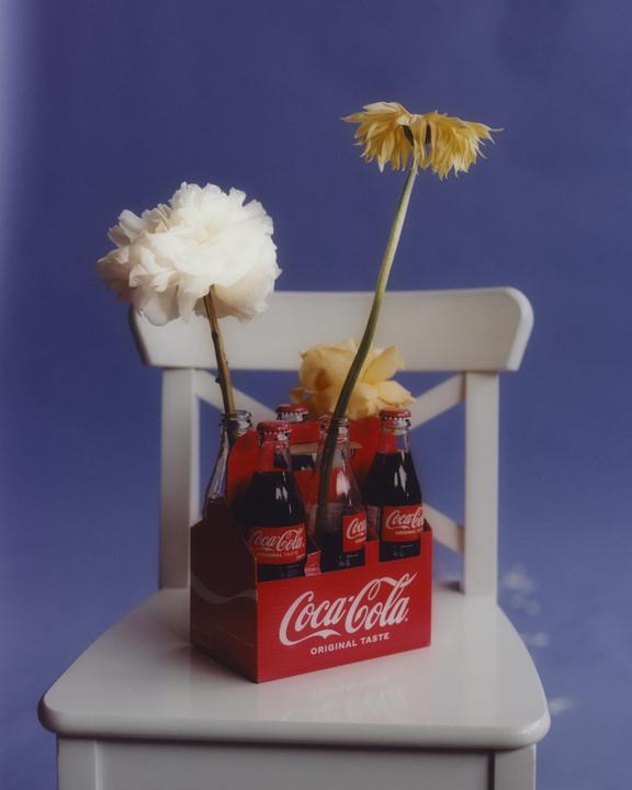 A six-pack of Coca-Cola bottles with flowers in them sits on a white chair against a blue background.