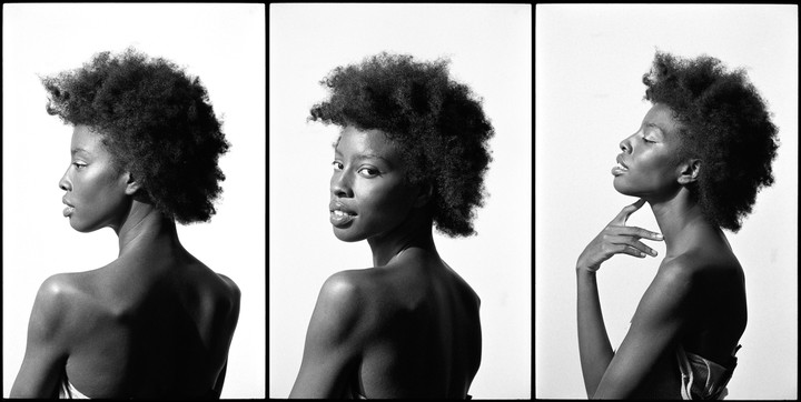 A woman with an afro poses in three different profiles in a triptych.