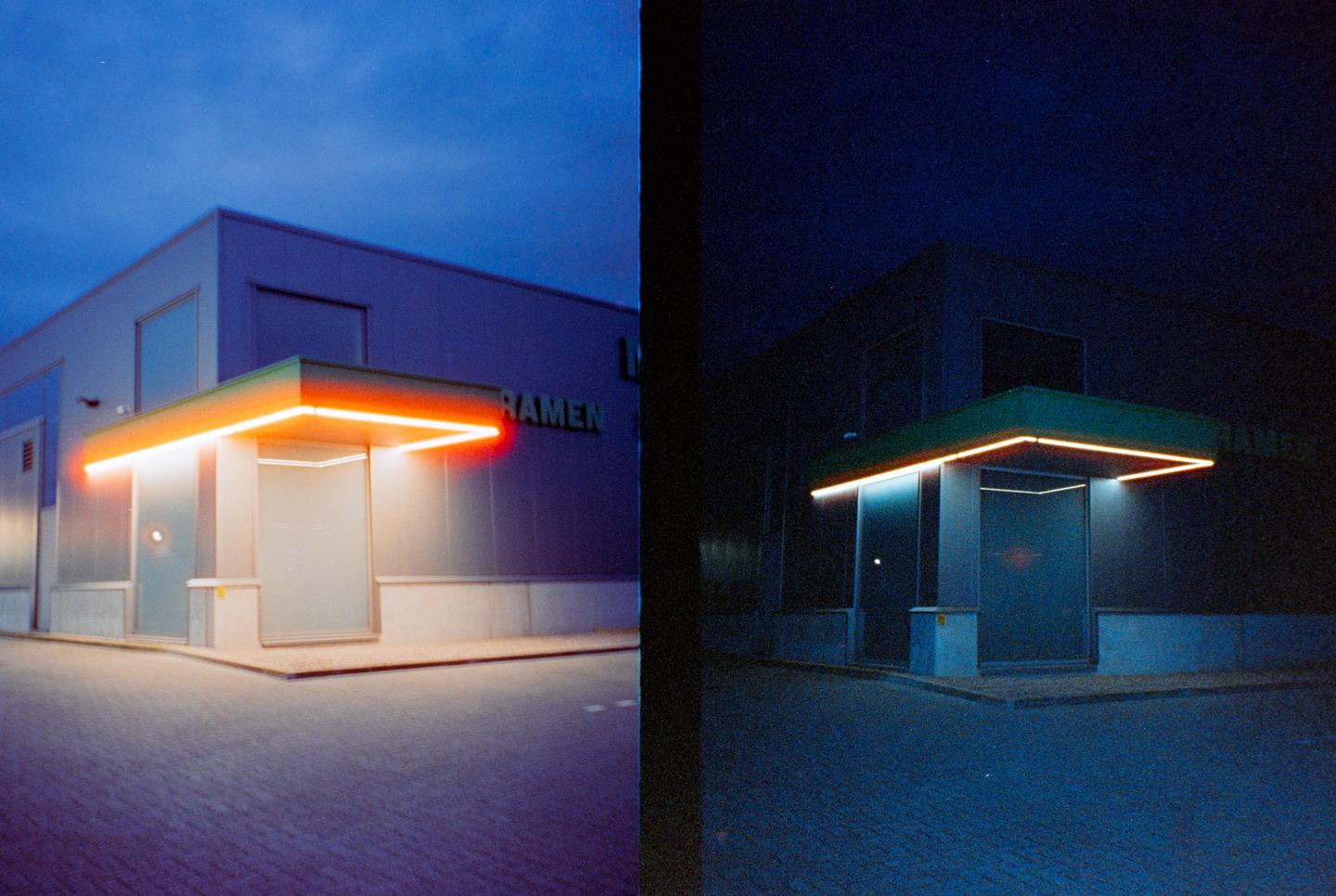 A diptych shows a building with a neon-lit entrance at dusk and at night.