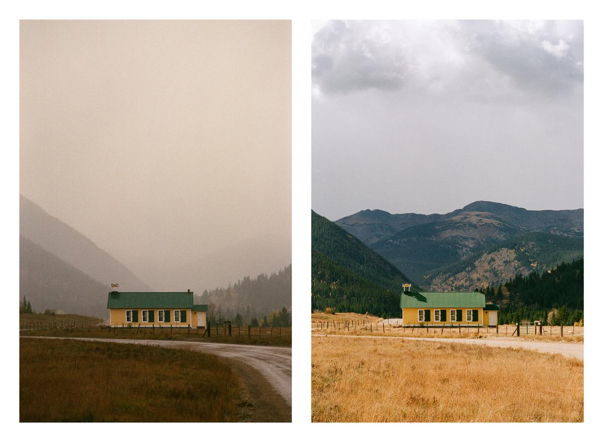 A yellow house with a green roof sits in a field with mountains in the background, shown in two different weather conditions.