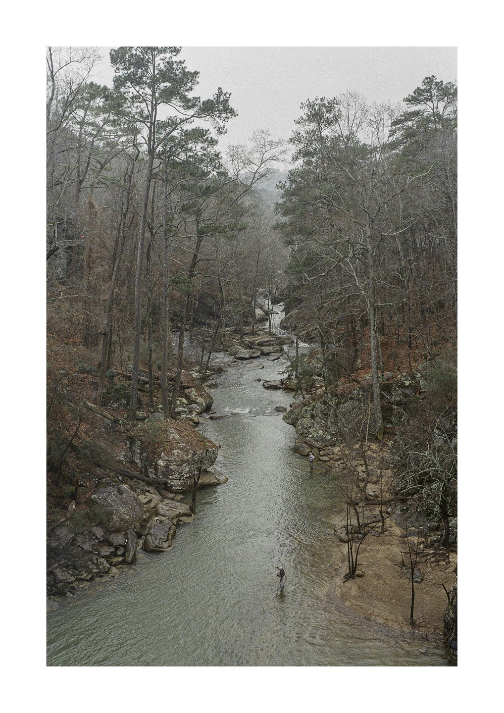 Two fishermen stand in a river surrounded by a forest with mostly bare trees under a hazy sky.