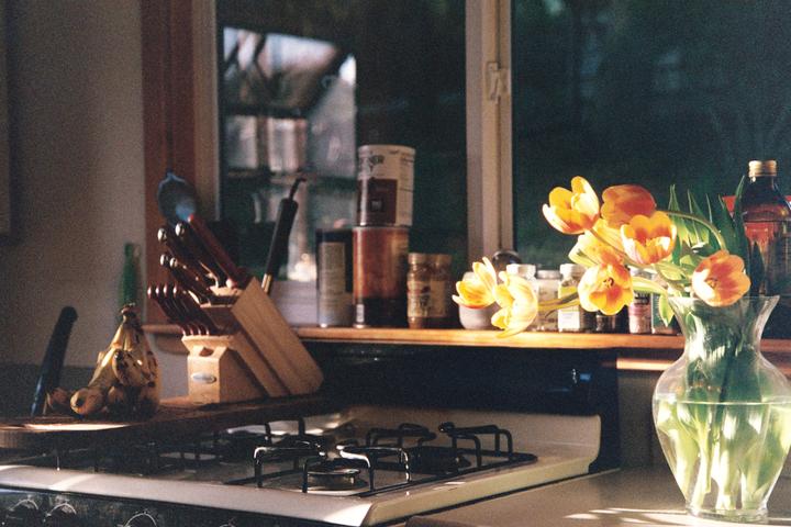 A vase of orange tulips sits on a kitchen counter next to a stove, bananas, and a knife block.