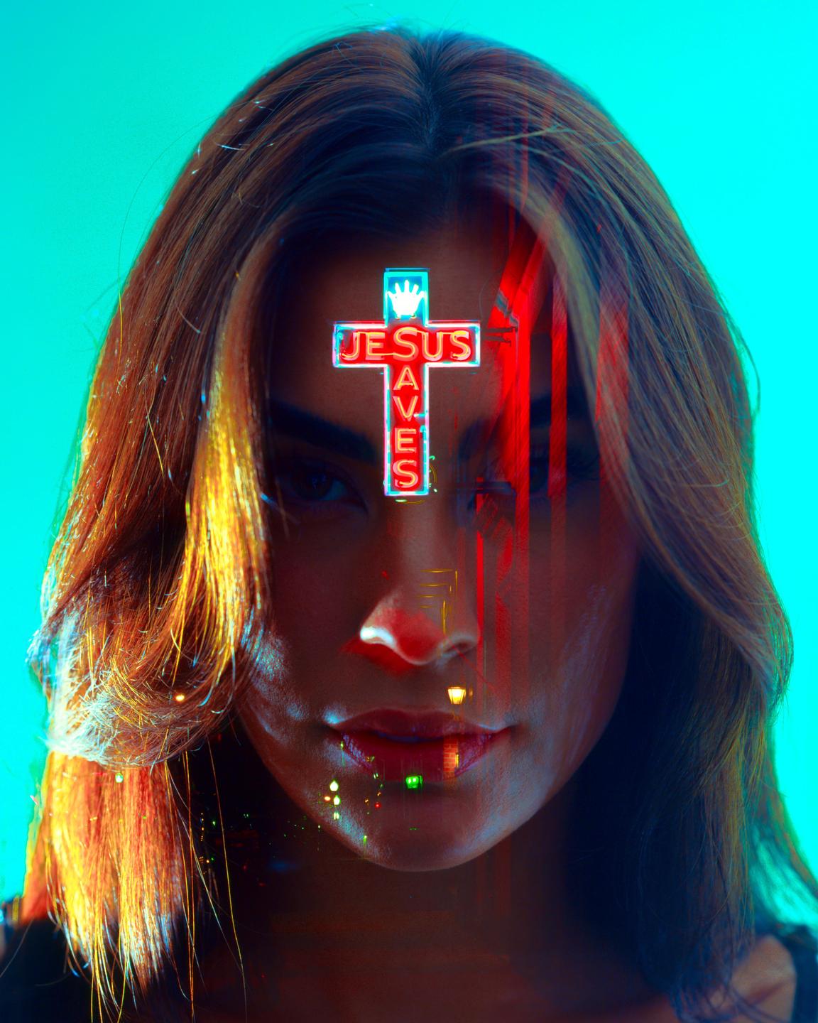 A woman's face is shown in a double exposure with a neon "Jesus Saves" cross.
