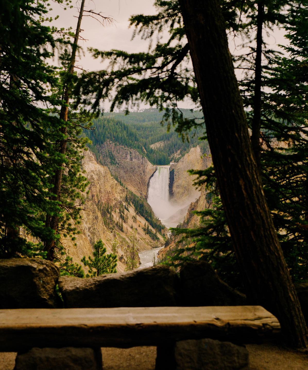A waterfall cascades into a canyon, framed by trees and a stone wall.