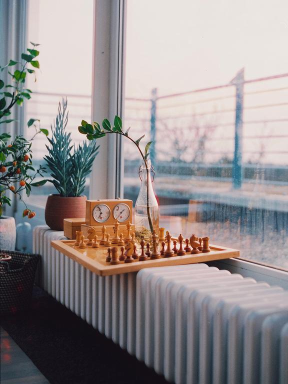 A chess set and chess clock sit on a wooden tray on a radiator in front of a window with plants.