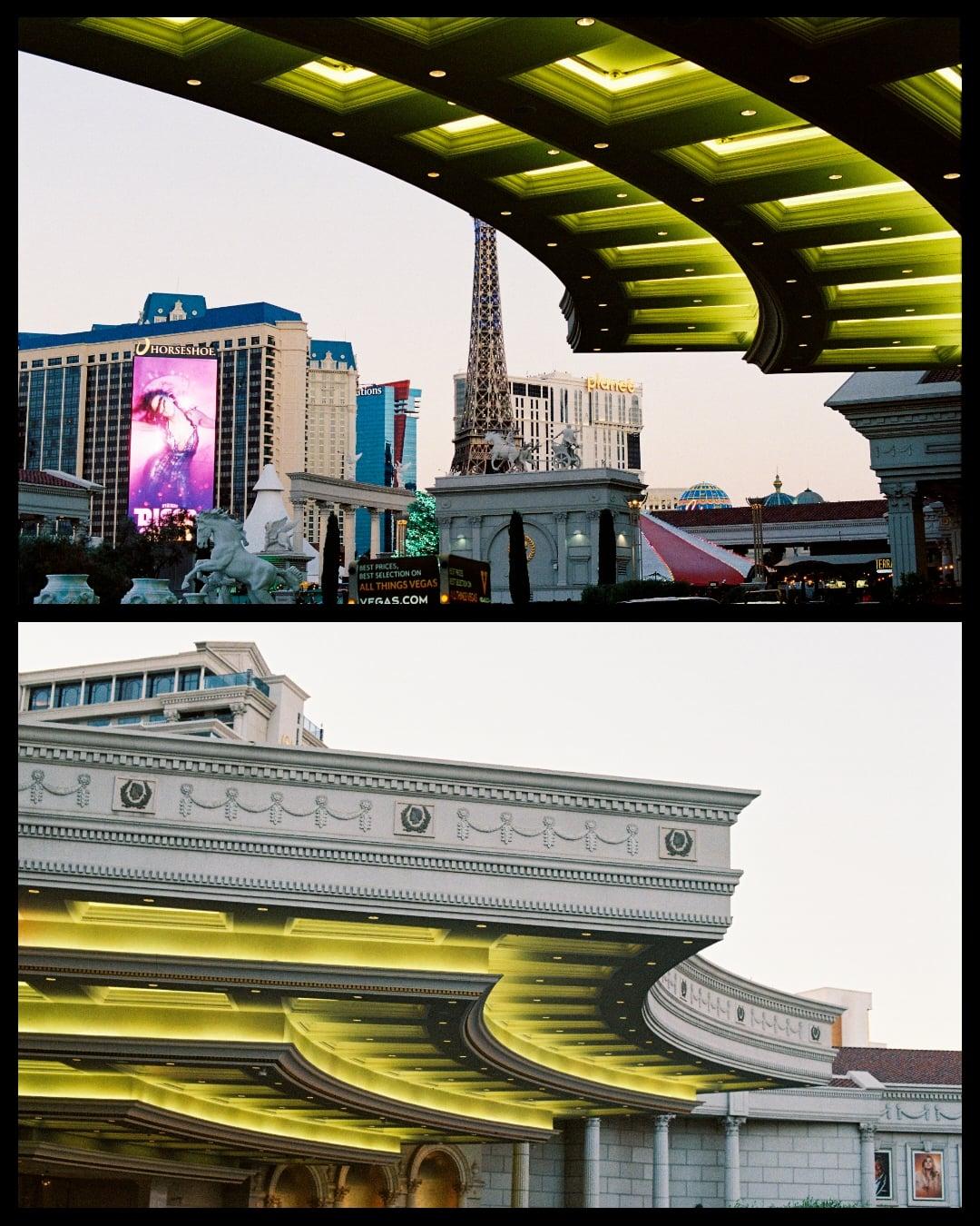 A two-panel image shows a street view of Las Vegas with a replica of the Eiffel Tower and a detailed view of an ornate building facade with yellow lighting.