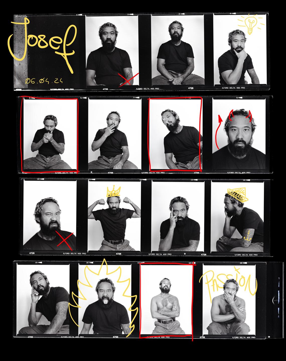 A contact sheet displays multiple black and white portraits of a man with a beard and tattoos, some with yellow drawings on them.