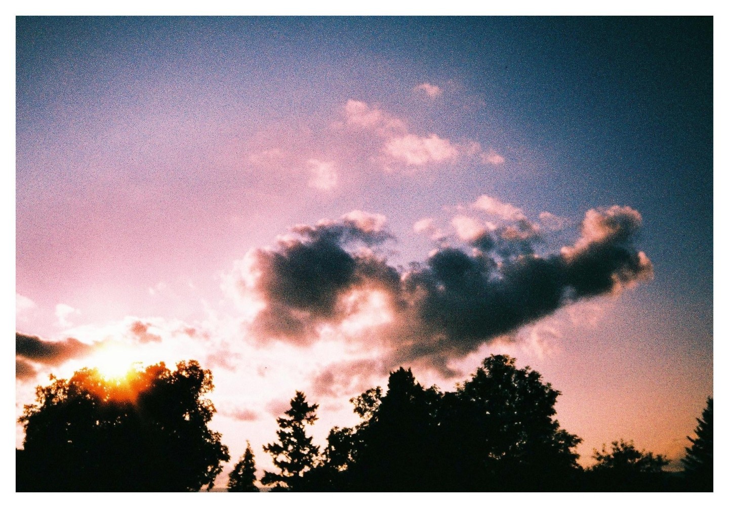 The sun sets behind a line of trees, casting a warm glow on the clouds above.