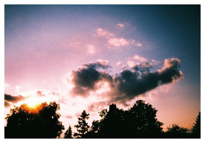 The sun sets behind a line of trees, casting a warm glow on the clouds above.