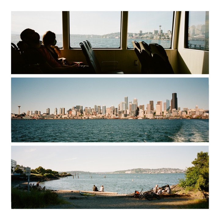 Three images show a ferry interior with passengers looking out at a city skyline, a panoramic view of the city from the water, and people relaxing on a beach.