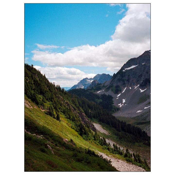 A mountain landscape shows a valley with a rocky riverbed, green slopes, and a blue sky with clouds.