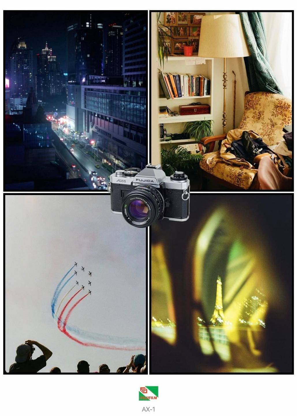 A collage shows a city at night, an armchair in a living room, an airshow, and the Eiffel Tower at night, with a camera in the center.