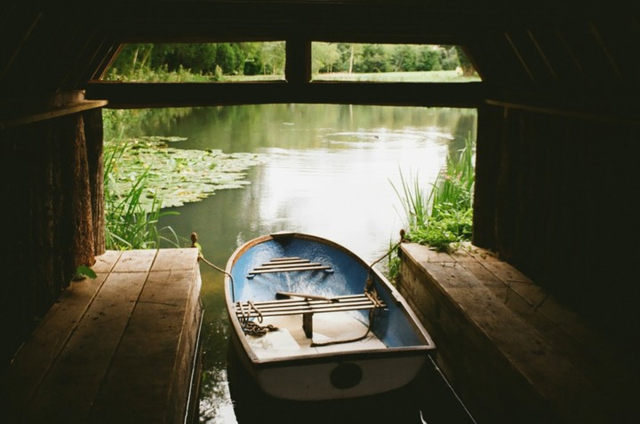 A blue and white rowboat is moored in a boathouse on a lake with lily pads.