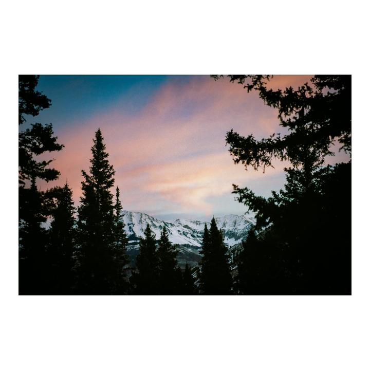 A mountain range with snow-capped peaks is visible through a frame of silhouetted pine trees under a colorful sky.