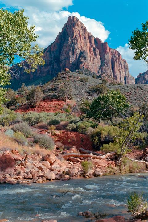 A river flows past a rocky bank with trees and shrubs, leading up to a large red mountain under a blue sky with clouds.