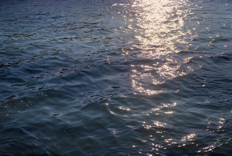 Sunlight reflects off the surface of rippling water.