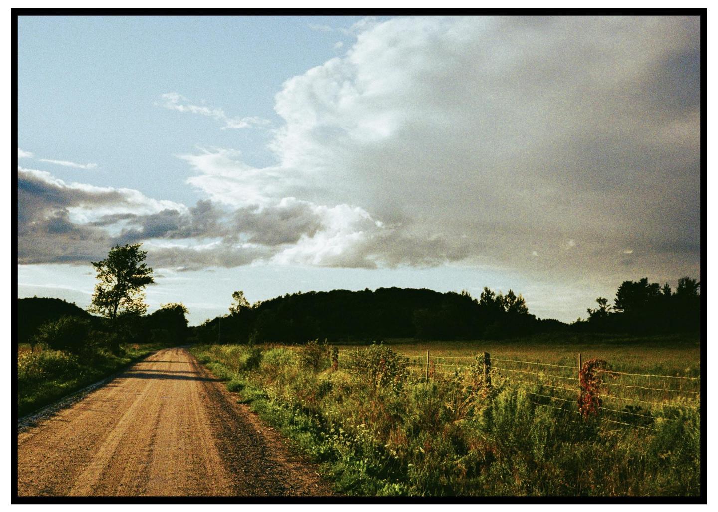 A dirt road leads through a rural landscape with a fence and trees under a cloudy sky.