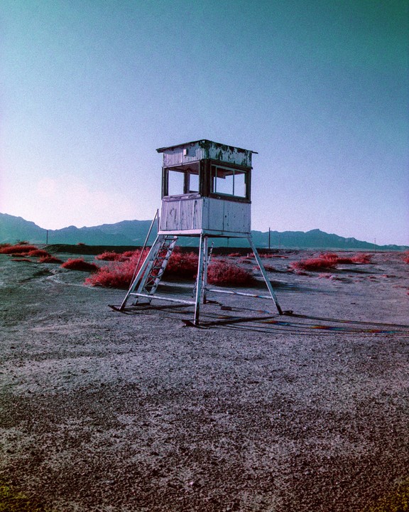 A tall, weathered wooden structure with a ladder stands in a barren landscape with red bushes and mountains in the distance.