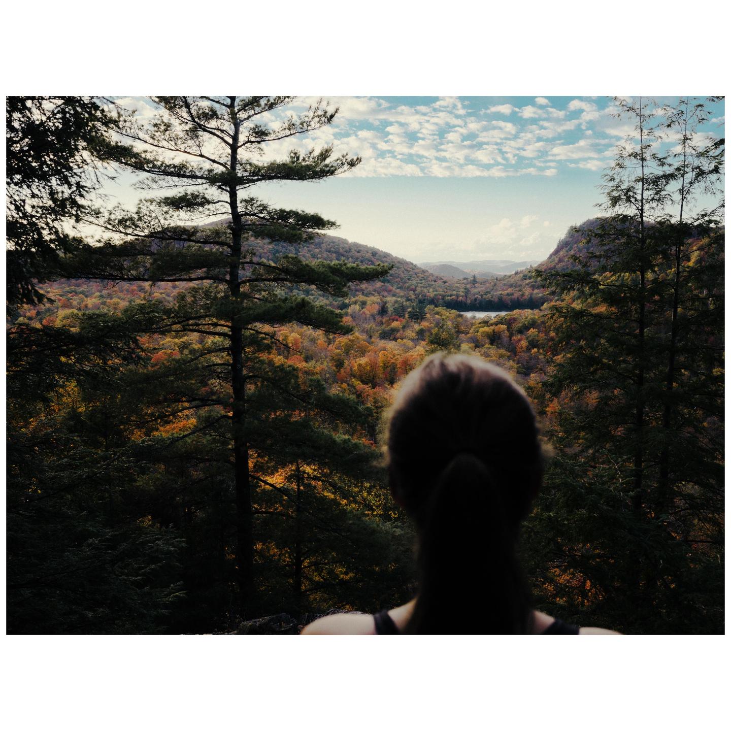 A woman looks out over a valley filled with autumn trees and a distant lake under a cloudy sky.