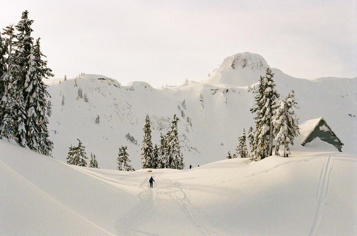 A person walks through a snow-covered mountain landscape with pine trees and a cabin.