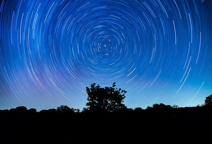 A long exposure photograph shows star trails circling above a silhouetted tree line and a single tree.