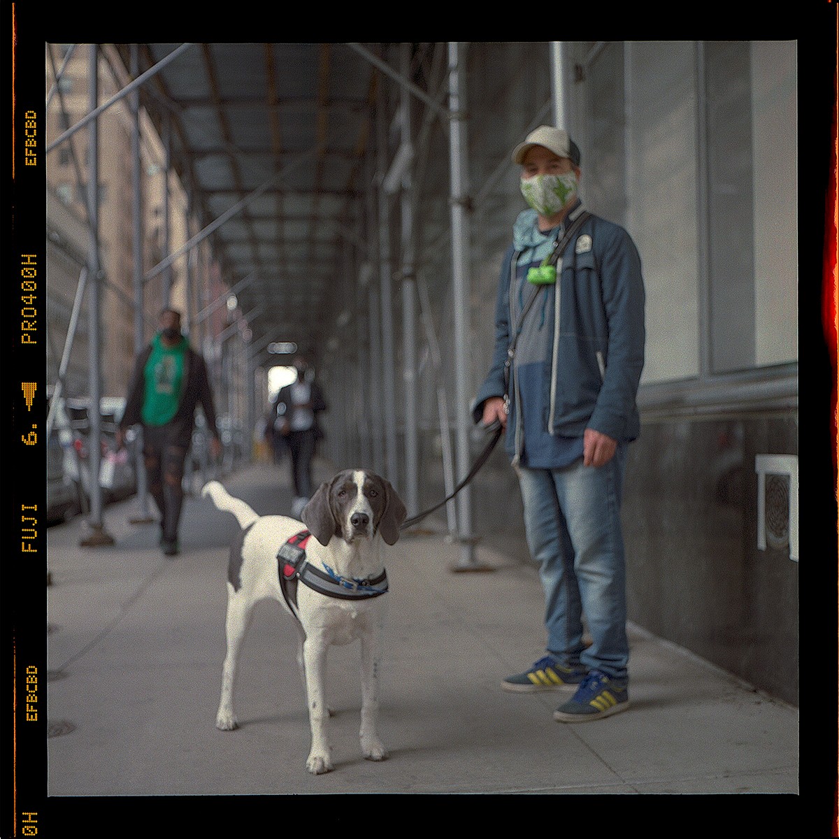 A man wearing a face mask and a baseball cap stands on a sidewalk holding a leash attached to a dog wearing a harness.