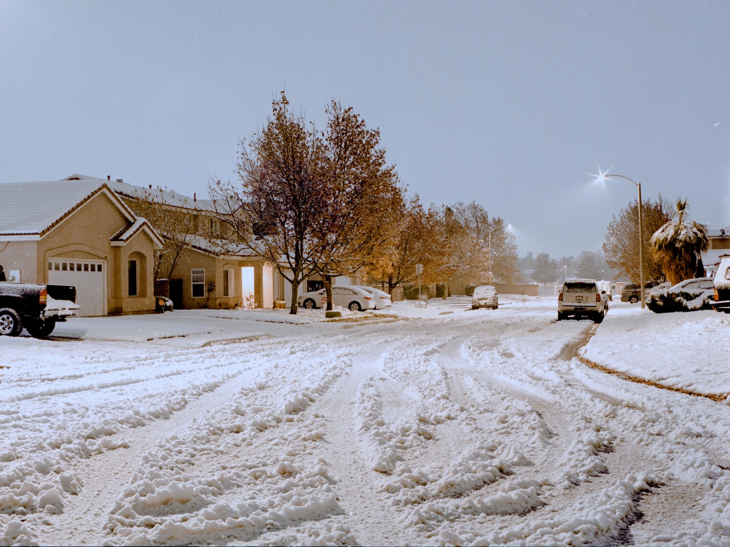 A residential street is covered in snow with tire tracks visible in the foreground.