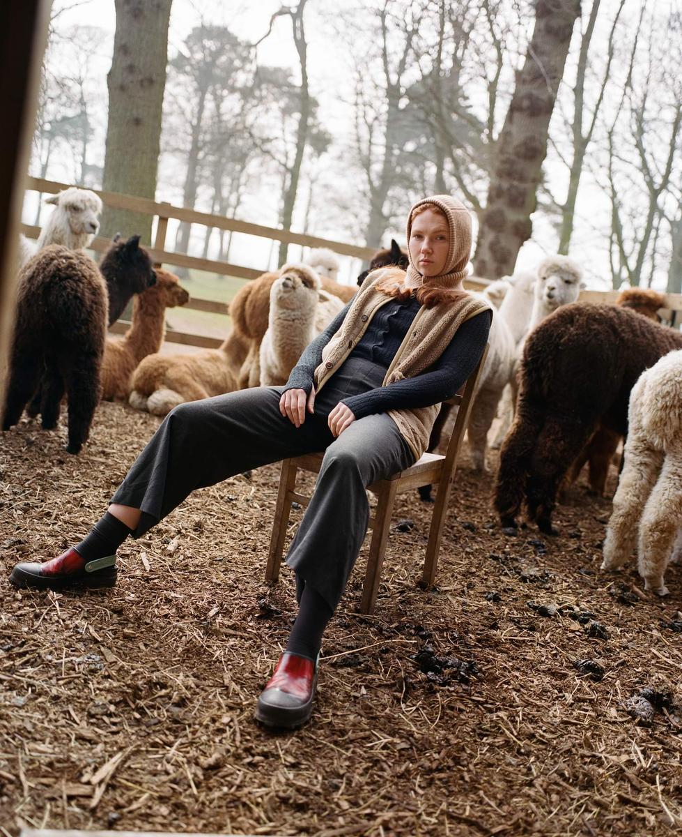 A woman sits on a wooden chair surrounded by alpacas in a fenced enclosure.
