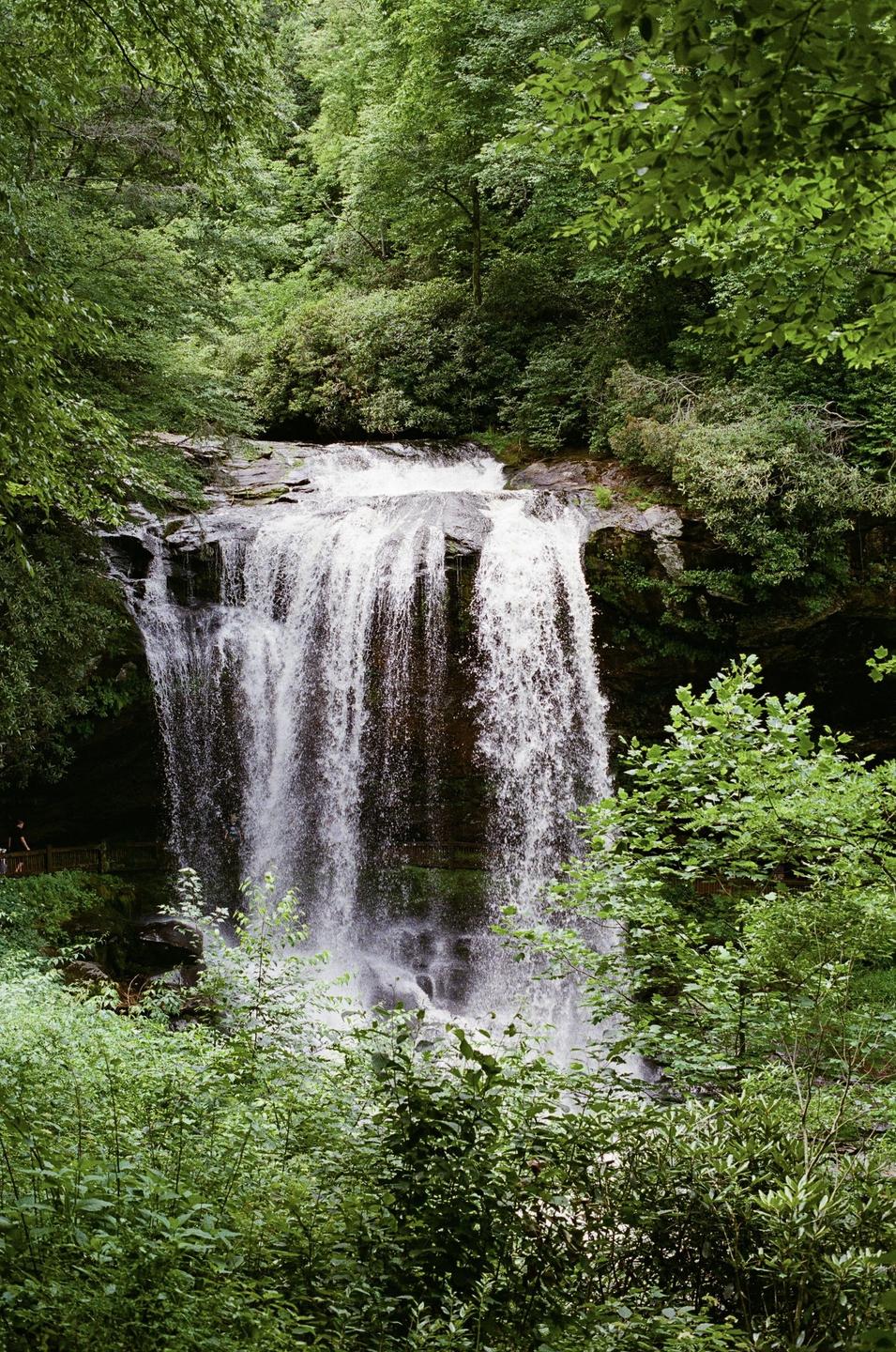 A large waterfall cascades over rocks surrounded by lush green foliage.