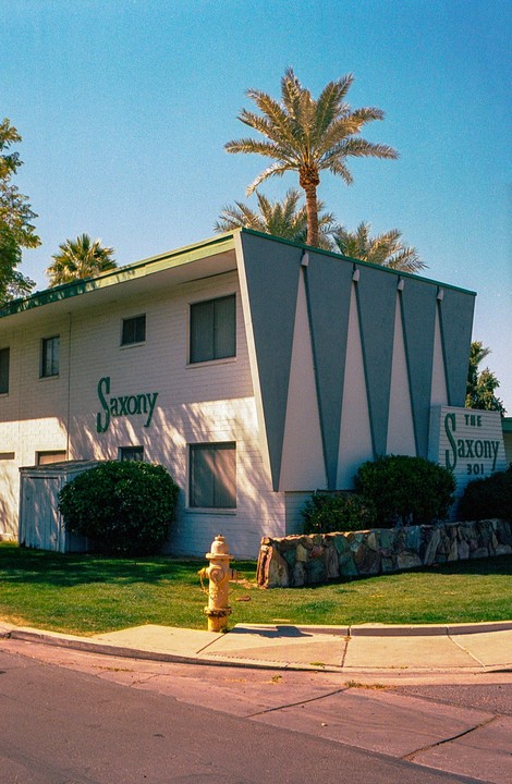 A mid-century modern building with a palm tree on the roof stands next to a yellow fire hydrant.