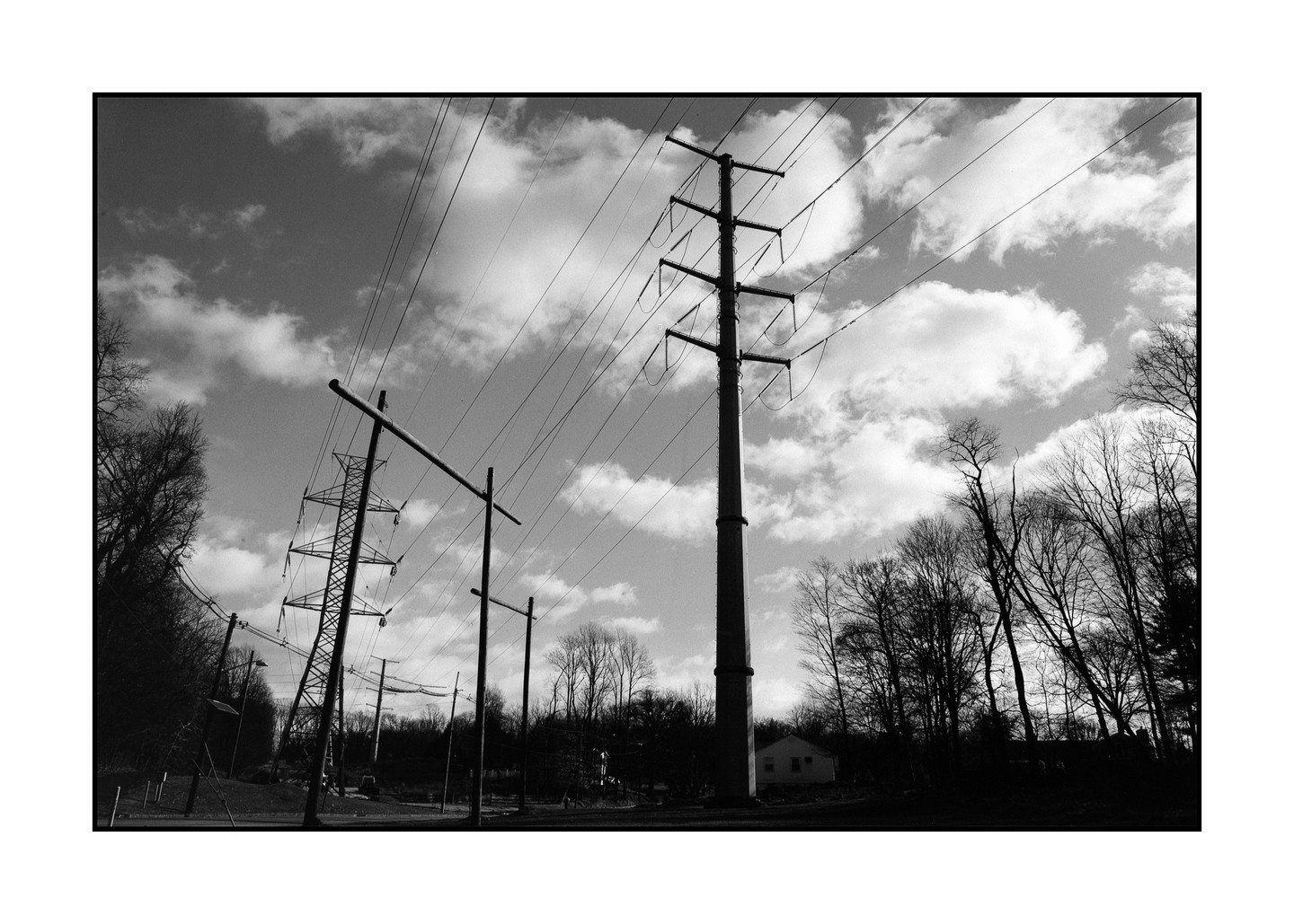 A black and white landscape shows power lines and bare trees under a cloudy sky.