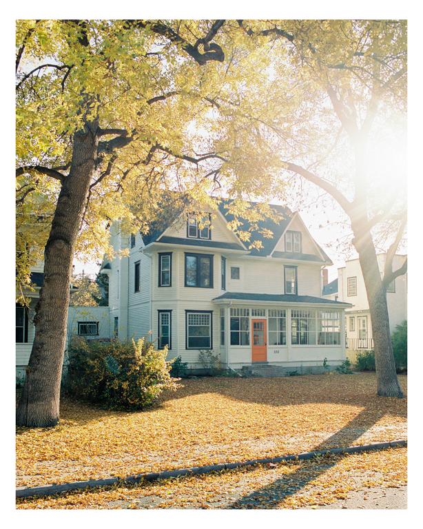 A white house with an orange door is surrounded by trees with yellow leaves and a lawn covered in fallen yellow leaves.