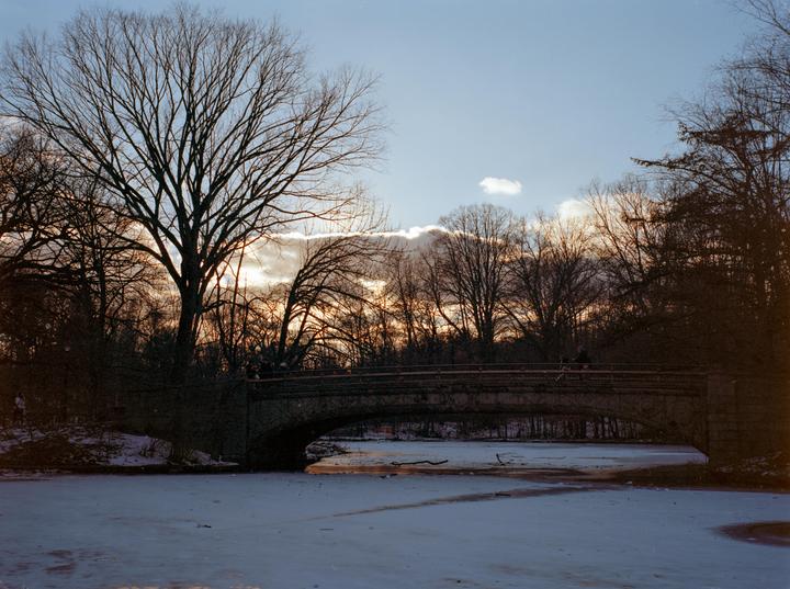A stone bridge crosses over a frozen body of water, surrounded by bare trees under a cloudy sky.