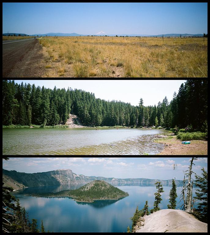 Three landscape images are stacked vertically, showing a road next to a field with a distant mountain, a lake surrounded by a forest, and a volcanic lake with an island.