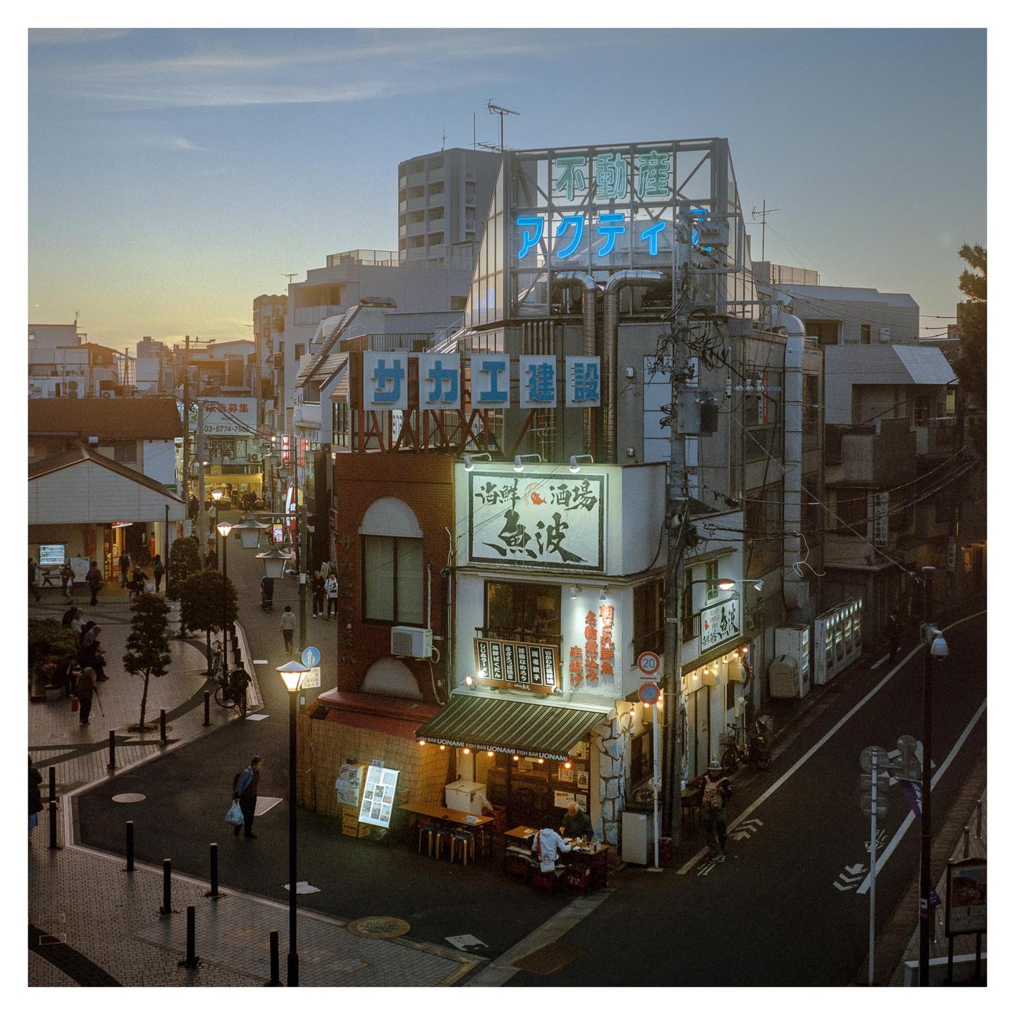 A street in Tokyo is illuminated by neon signs and streetlights at dusk.