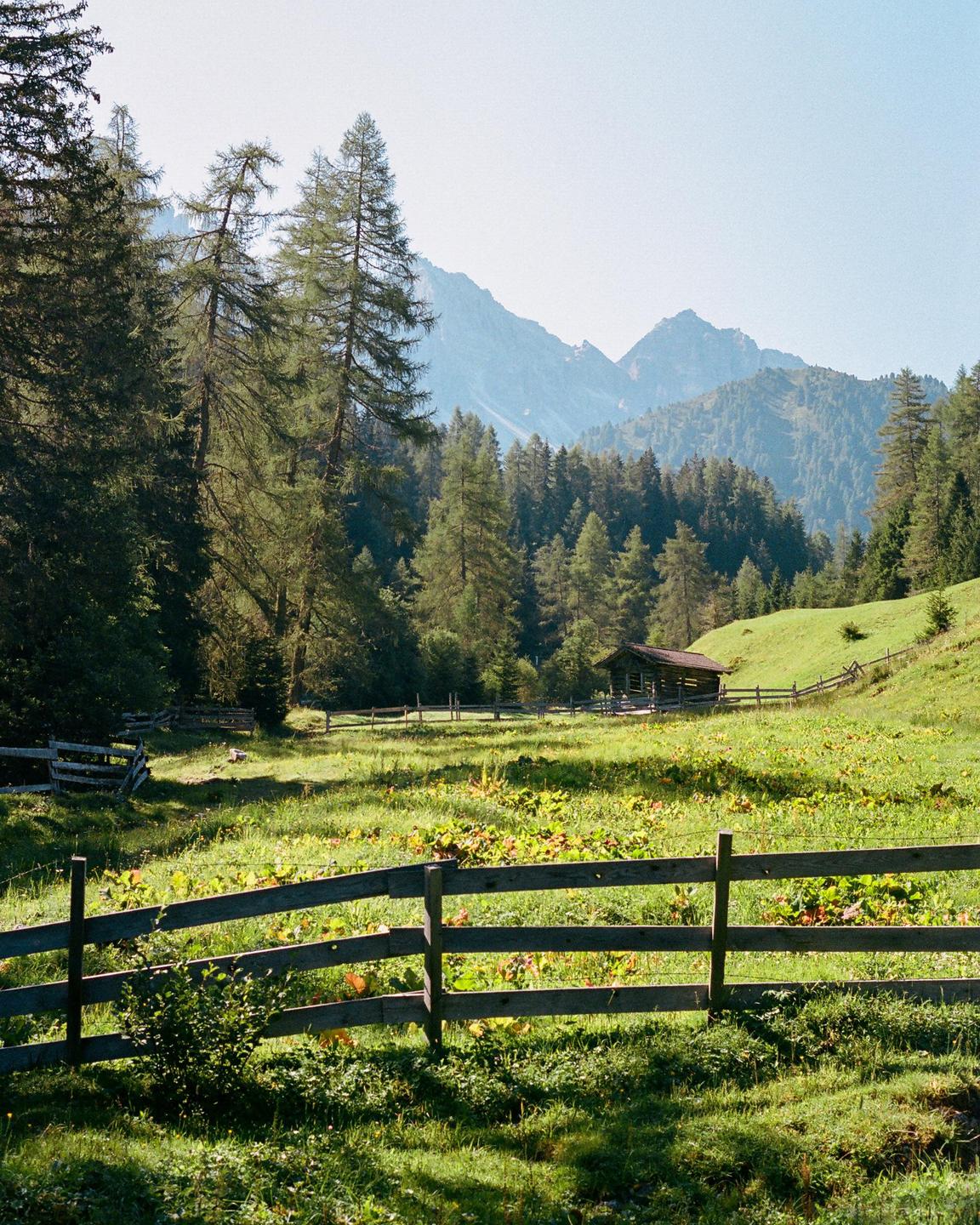 A wooden fence runs through a green meadow with a small wooden hut and mountains in the background.