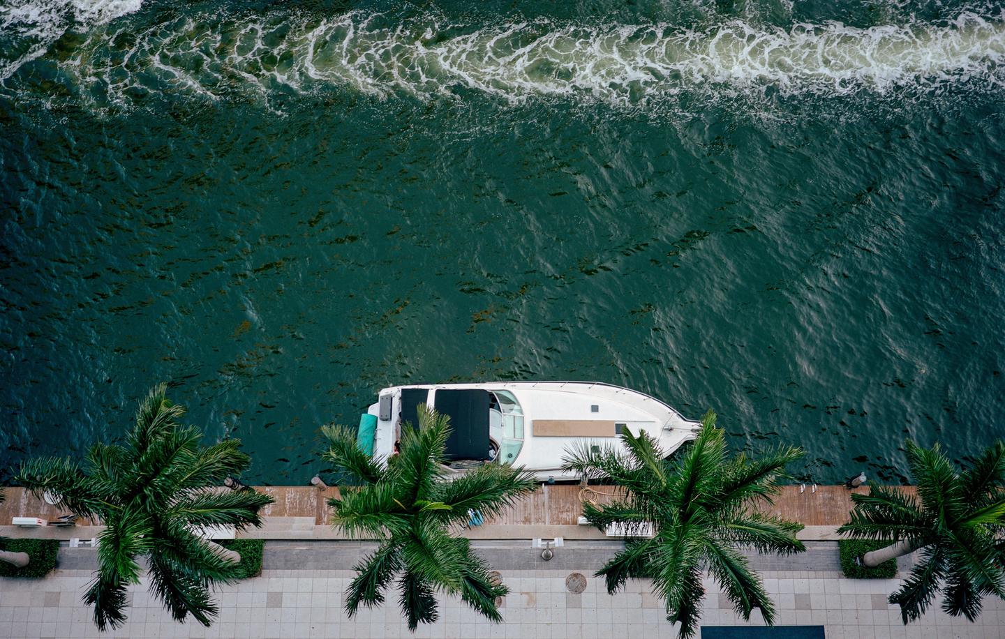 A white boat is docked next to a boardwalk with palm trees, seen from an aerial perspective.