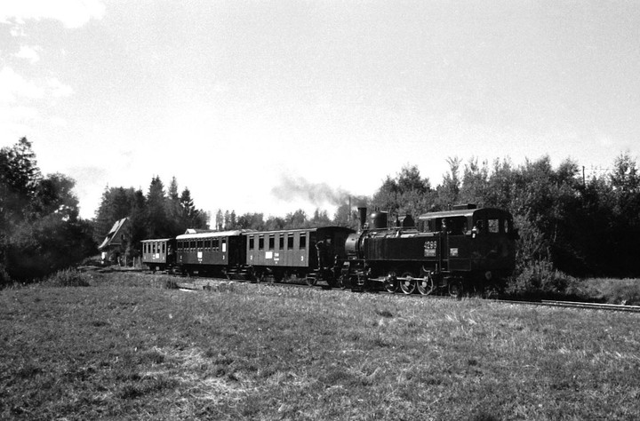 A steam train with passenger cars travels on a track next to a grassy field and trees.