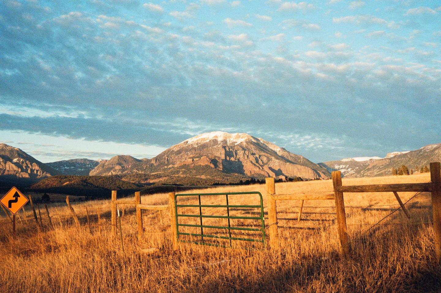A green gate and wooden fence stand in a field of golden grass with snow-capped mountains under a blue sky.
