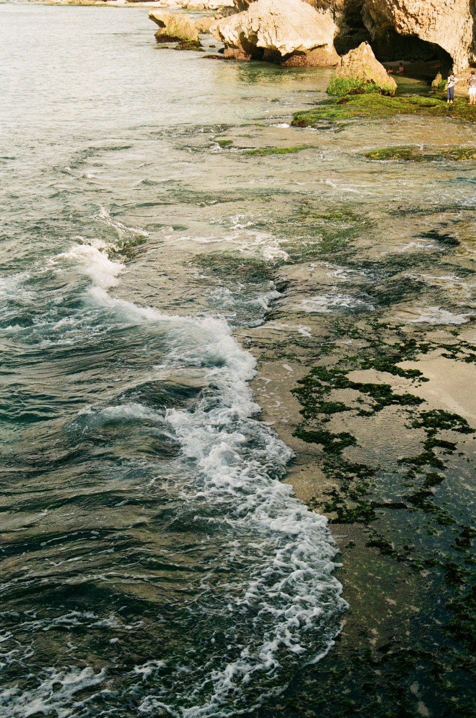 Waves crash on a rocky beach with mossy rocks and a cave in the background.